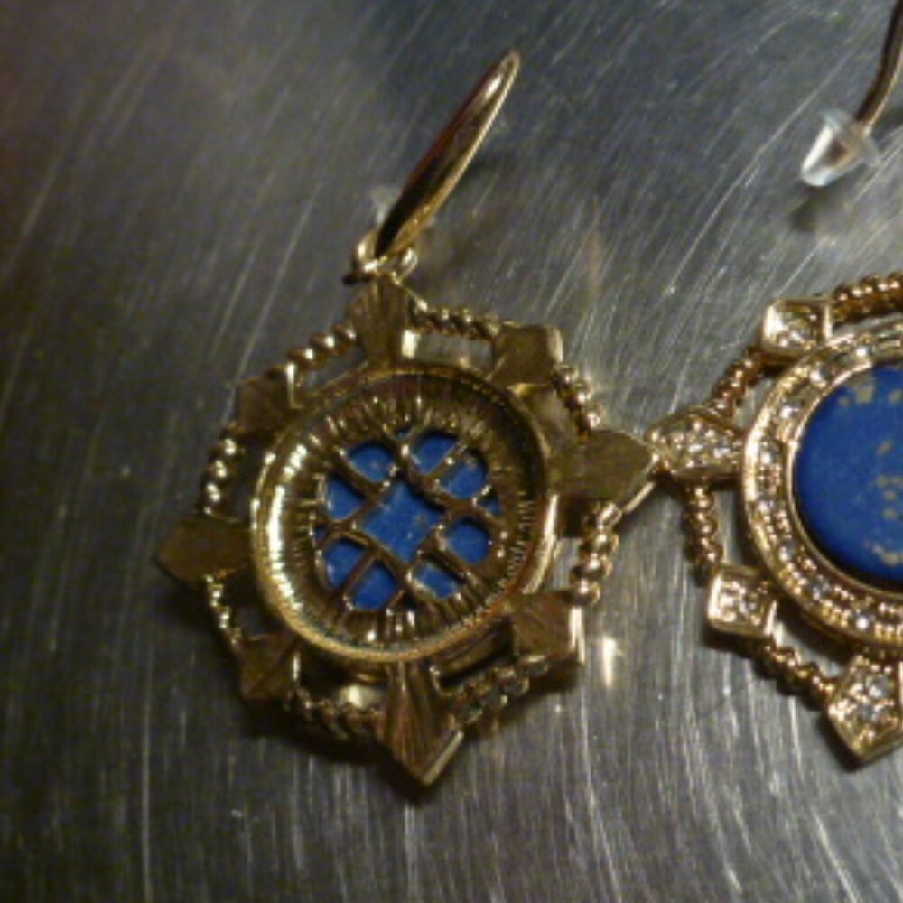 NEW blue Lapis rhinestone medallion dangle earrings - Picture 3 of 5